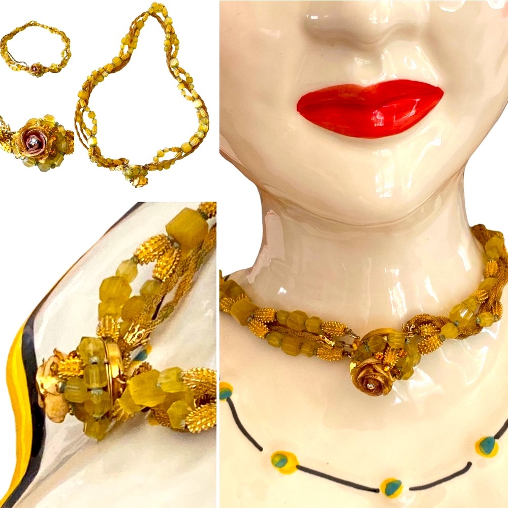 VINTAGE HATTIE CARNEGIE GLASS BEADED THREE STRAND TORSADE NECKLACE 20 3/4” - Picture 3 of 16